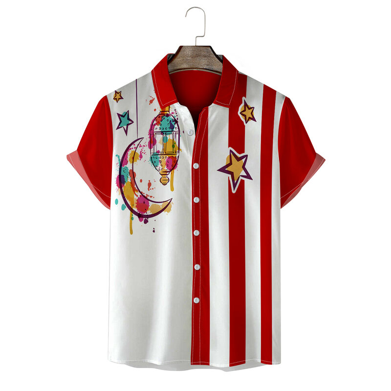 Camisas de estilo Ramadán para hombre, ropa masculina con estampado 3D de bloques de Color, camisa de manga corta con botones, Tops informales con solapa para vacaciones, 2024