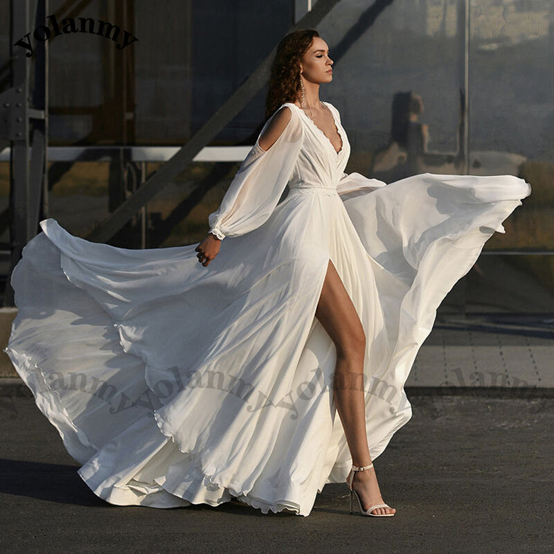 YOLANMY Elegant Deep V-Neck Wedding Gown For Bride Zipper A-Line Full Sleeve Backless Charming Side Slit Belt  Robe De Mariée