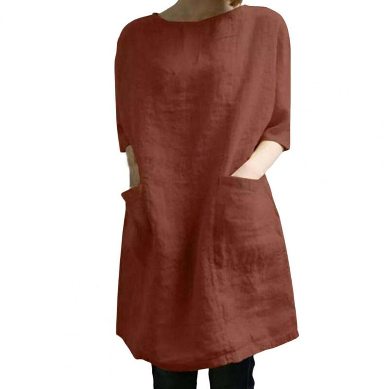 Gaun Mini kerah V untuk wanita, gaun sederhana lengan setengah Pullover warna polos dengan saku besar untuk wanita
