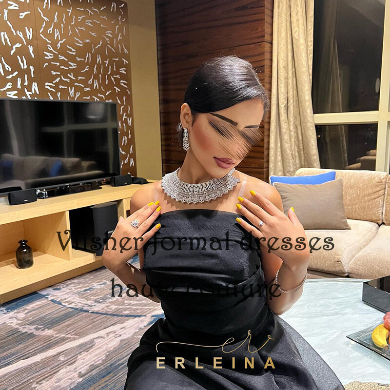 Gaun malam Organza hitam untuk wanita gaun pesta Prom Arab Dubai tanpa tali A Line gaun Formal punggung terbuka bertali spageti