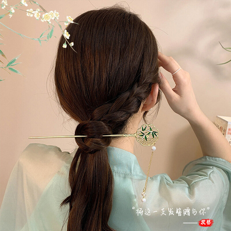 Tongkat rambut klasik, aksesori rambut Hanfu Cina, jepit rambut Chignon Updo berlapis emas, sumpit bunga persik mekar