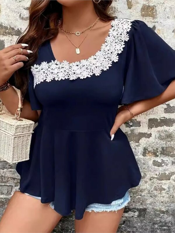 Plus Size Summer Lace Patchwork Irregular Collar Tops Women Ruffle Pleated Fashion Ladies Blouses Short Sleeve Casual Woman Tops