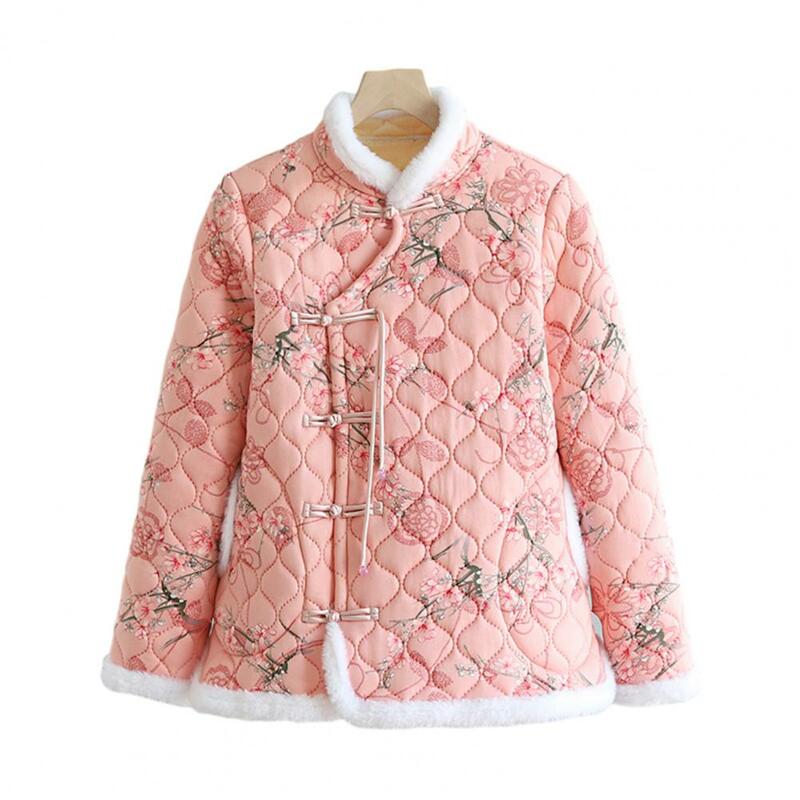 Women Autumn Winter Cotton-Padded Jacket Chinese Style Disc Buttons Blossom Pattern Coat Thickened Fleece Lining Outwear