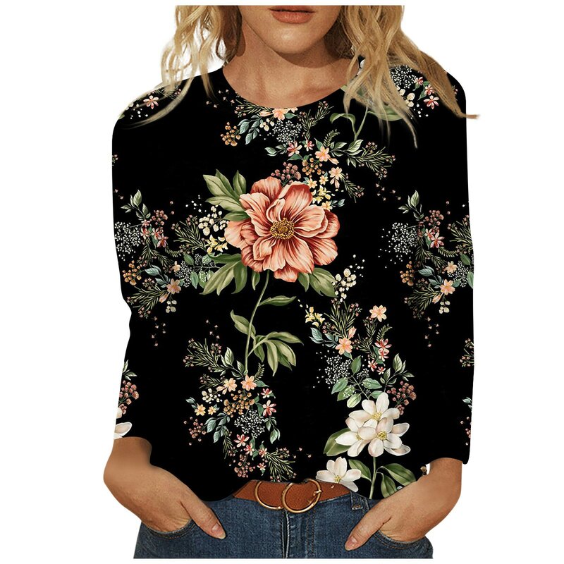 Y2k Unique Fashion Plant Printed Women Pullovers Vintage Round Neck Summer Three Quarter Sleeves Women Shirts With Prints Ropa