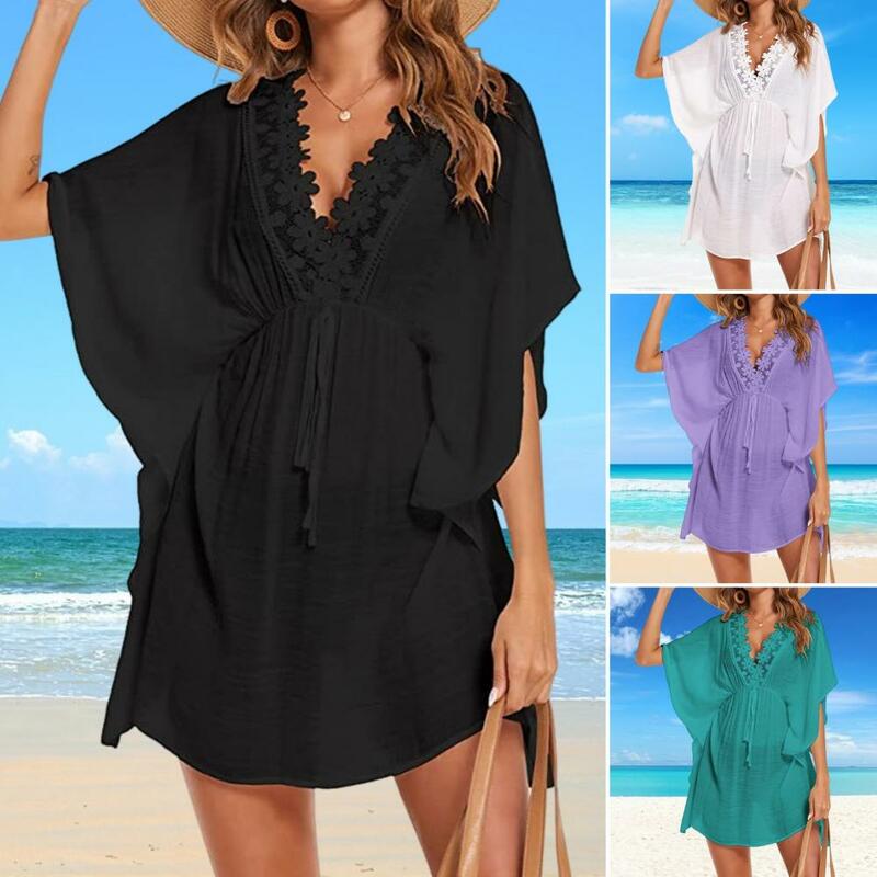 Cobertura de praia de chiffon respirável feminina, capa elegante, guarnição de renda, maiô com decote em v, verão