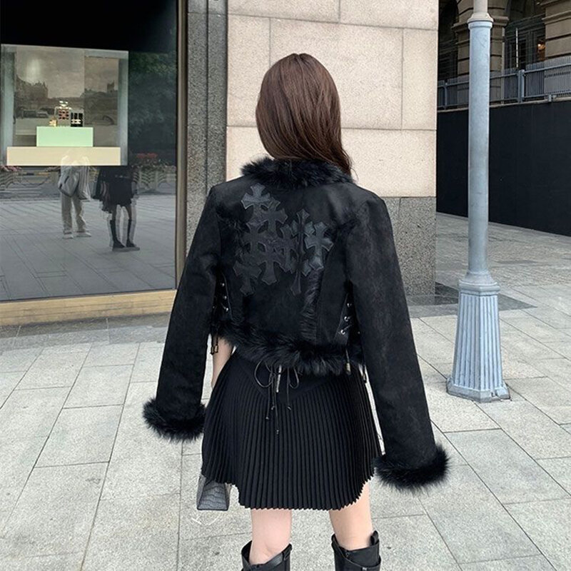 2024 New Spring Autumn Women PU Fur Jacket Long-Sleeved Woolen Edge Patch Woven Matte Wool Integrated Cotton Coat Thickened