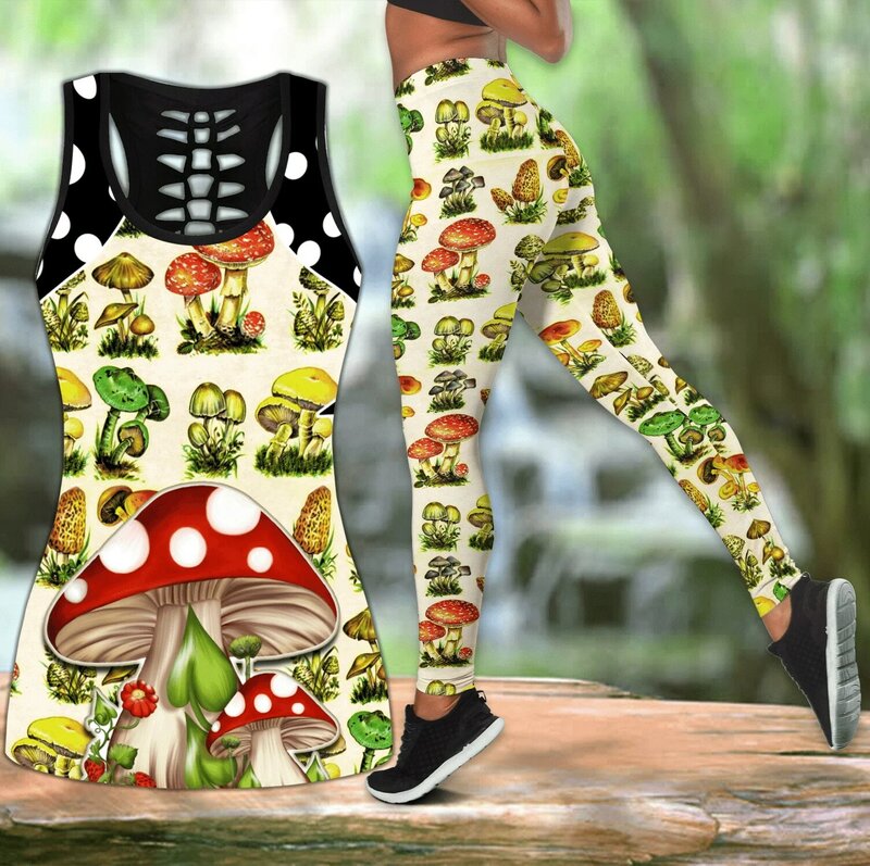 Mushroom Beautiful 3D Printed Hollow Tank Top & Leggings Set Fitness Female Full Length Leggings yoga Running Pants DDK105