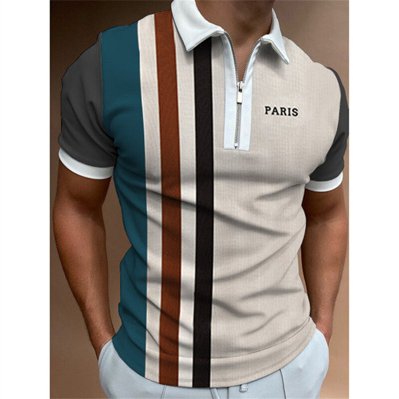 2023 Poloshirt Voor Heren Zomer Heren Tops Dagelijks Korte Mouwen Gestreepte Golf Effen Kleding Heren Shirts Turn-Down Kraag Ritsen Tee