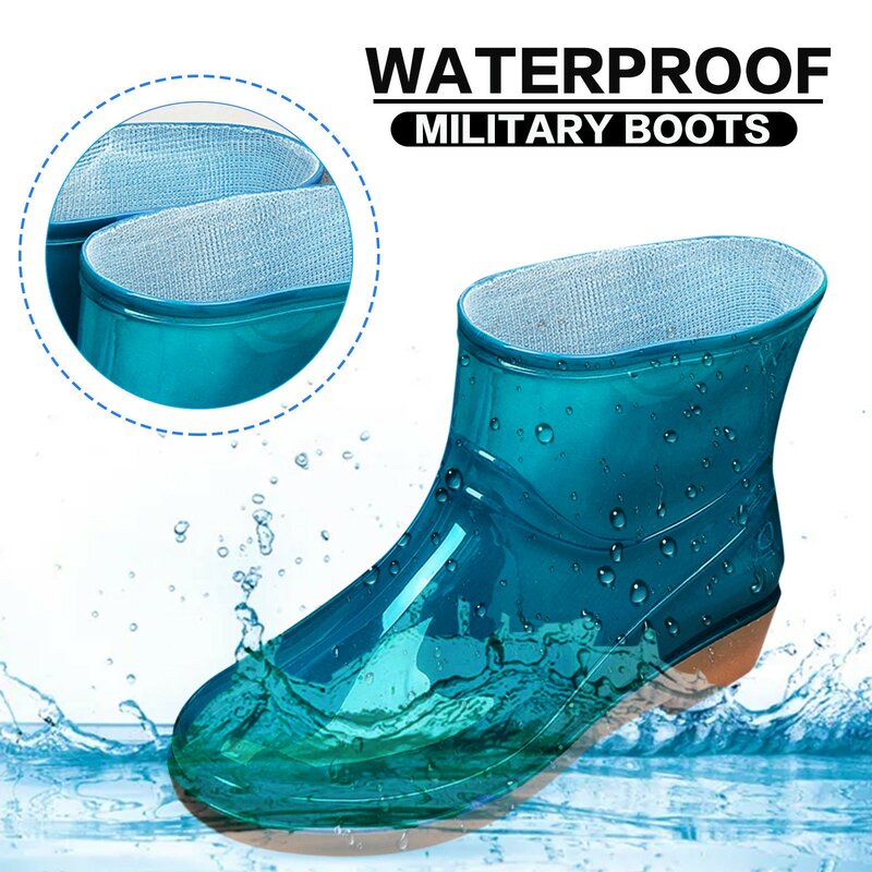Sepatu Bot Wanita Tahan Air Sepatu Bot Wanita Hak Rendah Gesper Ujung Kaki Tengah Sepatu Bot Hujan Bundar Sepatu Hujan Wanita Lebar Lebar