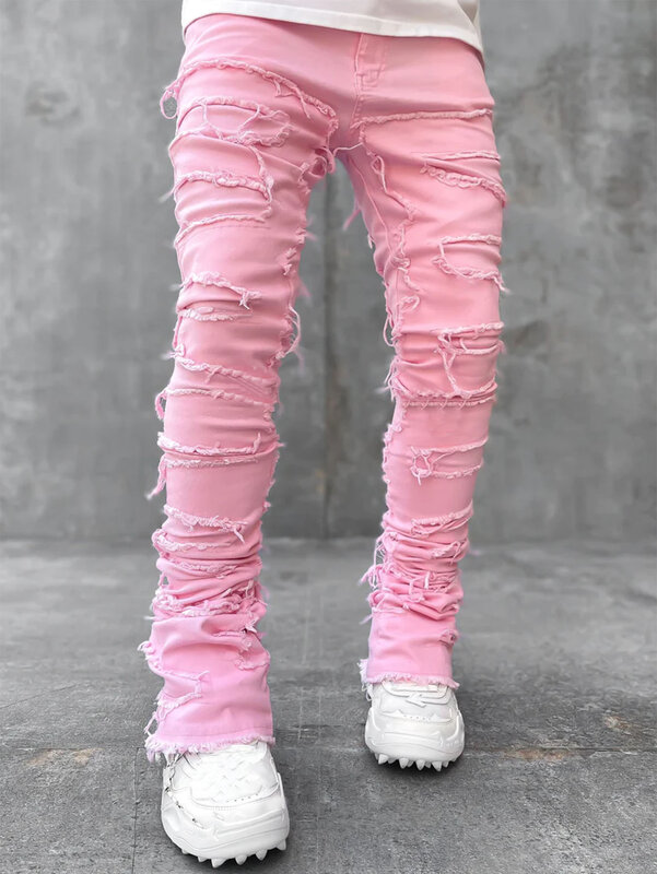 2024 męskie nowe moda uliczna szyte jeansy młodzieżowe proste patchworkowe dżinsy z frędzlami