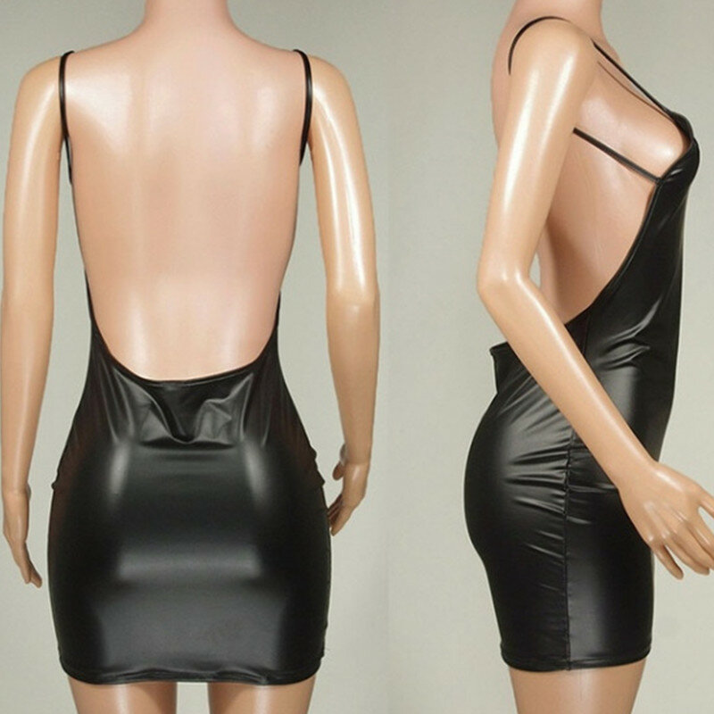 2023 сексуальное платье из искусственной кожи с открытой спиной, Клубное короткое платье, однотонное черное облегающее латексное мини-платье с бюстгальтером пуш-ап