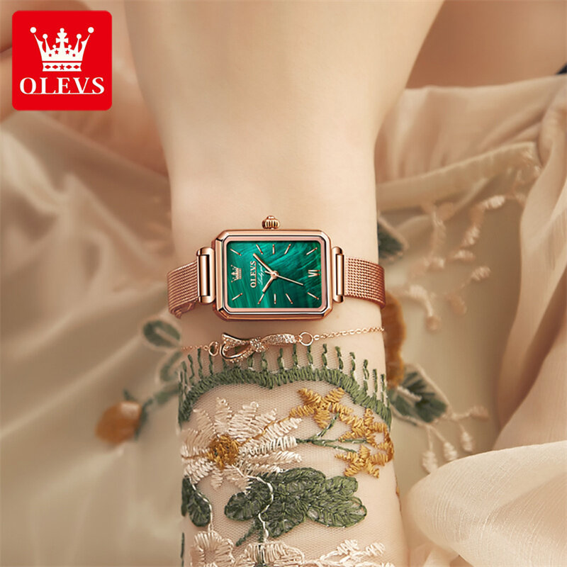 OLVE-Relógio de cinta de aço inoxidável para mulheres, quartzo verde, ouro rosa, relógio de luxo, nova moda