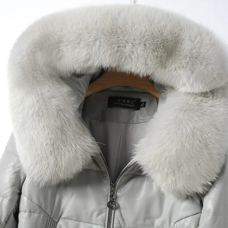 2023 Winter Duck Down Coat Women 100% Real Sheepskin Leather Jackets Hooded Warm Fox Fur Collar Coats Mid-length Puffer Jacket