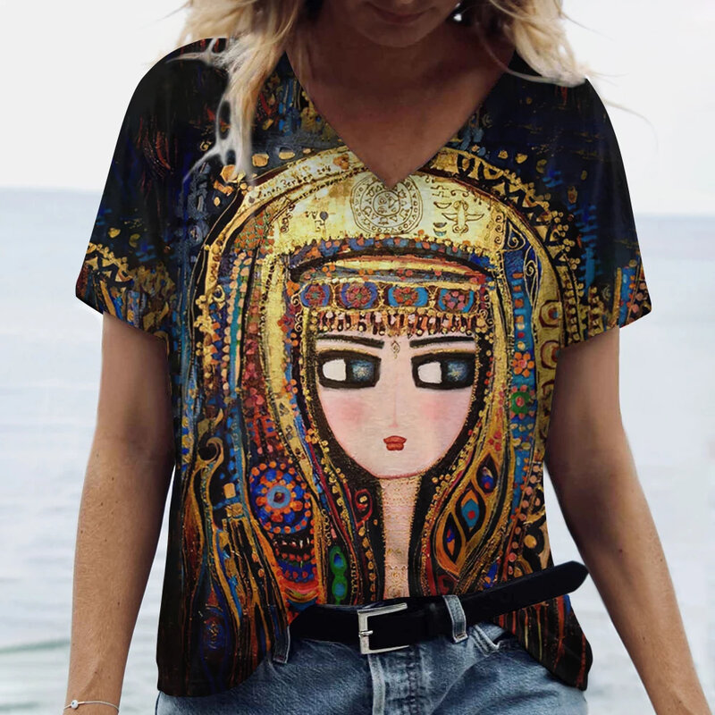 Kaus Wanita Mode musim panas kaus abstrak 3D kaus Harajuku warna-warni kartun V-Neck lengan pendek atasan kaos pakaian ukuran besar