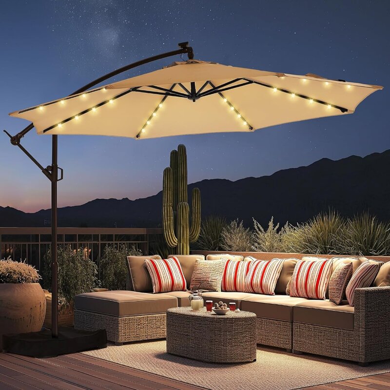 Guarda-chuva suspenso do pátio com luz LED e base, luzes solares, offset cantilever, mercado ao ar livre, 10ft