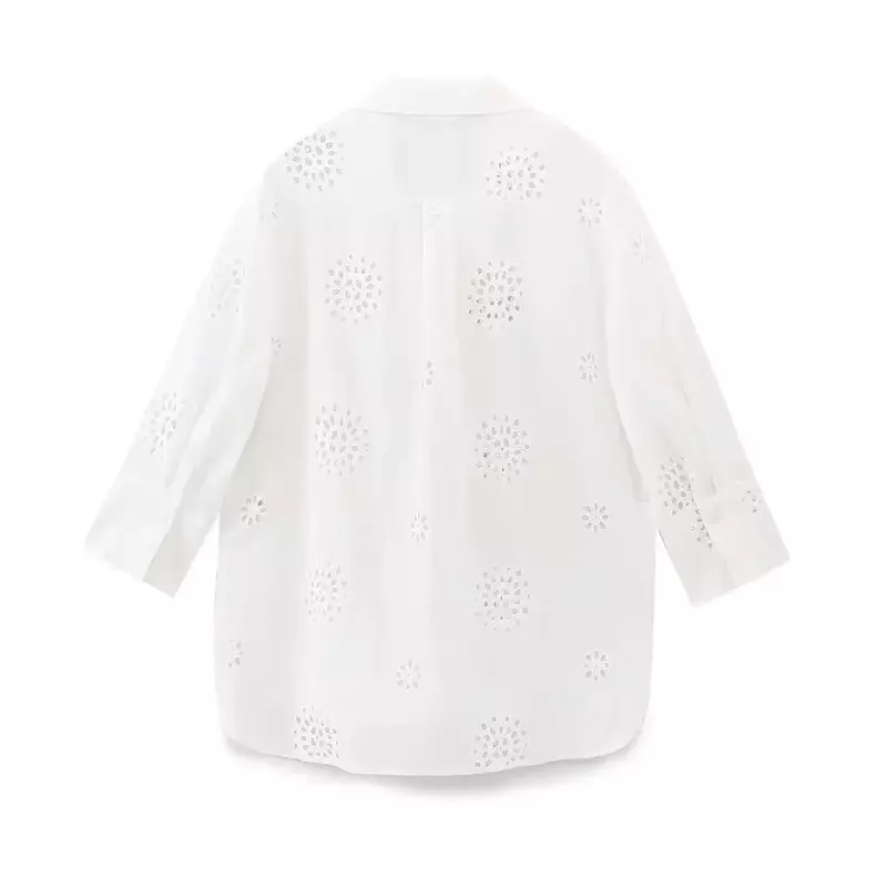 22 Damen neue Mode hohle Stickerei Dekoration lose asymmetrische Hemd Retro Langarm Knopf Damen hemd einzigartige Top