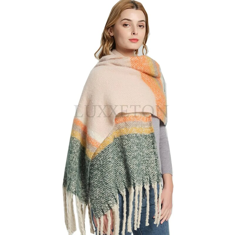 American Style Streetwear Casual Ponchos Women Autumn Winter Woven Fringed Patchwork Color Scarf Elegant Female Shawl