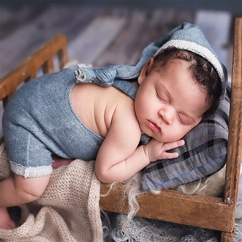 2Pcs Newborn Strapped Pants with Hat Photography Props Set Soft Knotted Beanie Cap & Overall Pants for Baby Photoshoots
