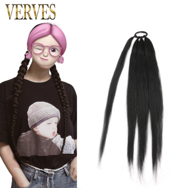 VERVES Ponytail Extensions Synthetic Boxing Braids Wrap Rope Hairpiece Pony Tail Rubber Band Hair Ring 26 inch Ombre Braid Black