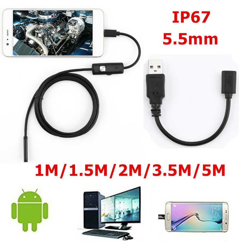 5.5mm Endoscope USB Mini Camera Flexible IP67 Waterproof Micro USB Inspection Borescope Camera For Android 6 LED Adjustable