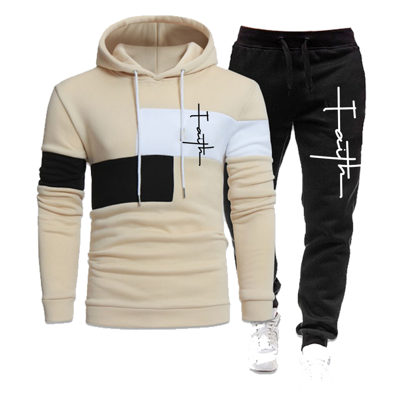 Men Fashion Tracksuits Hoodies Suit Autumn Winter Faith Print Hooded Sweater and Sweatpants 2 Piece Set Plus Size Men's Clothing