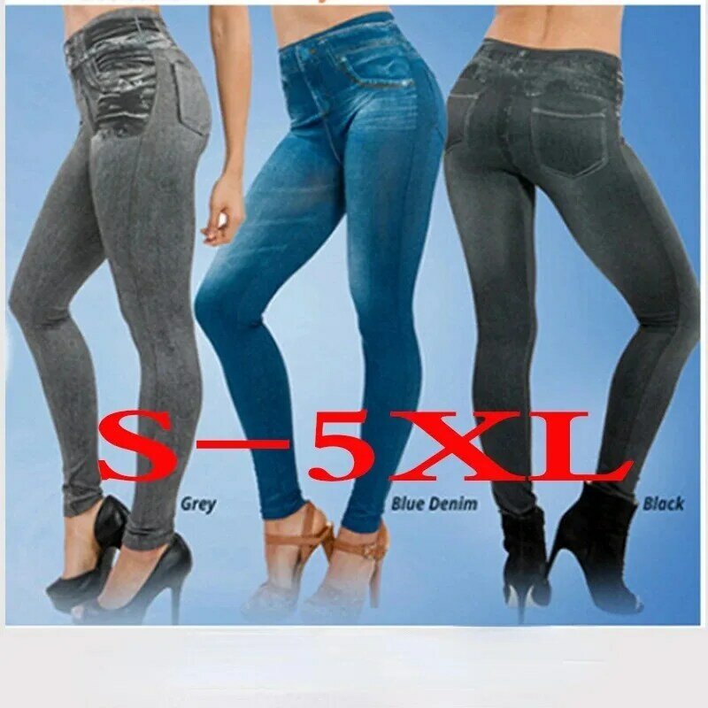 Leggings jeans falso feminino, leggins com estampa de bolso longo, calça lápis casual, moda sexy, verão