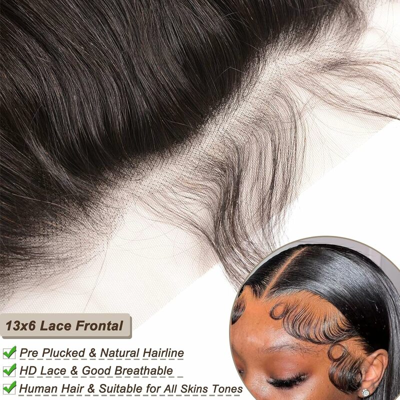 Fecho de renda-ulrica cabelo humano liso, cor natural, 13x6, 13x6, pré-arrancado, cor natural, para mulheres