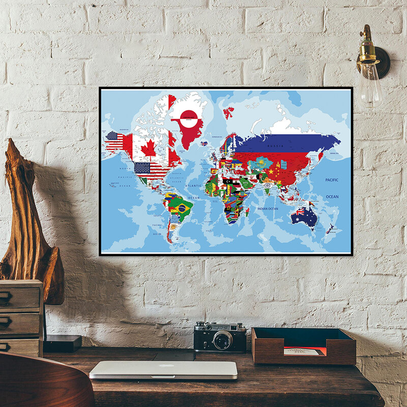 O Mapa do Mundo com Bandeiras do País, Pintura em Canvas, Arte da Parede, Poster Impressões, Material Escolar Ensino, Sala, Home Decor, 45x30cm