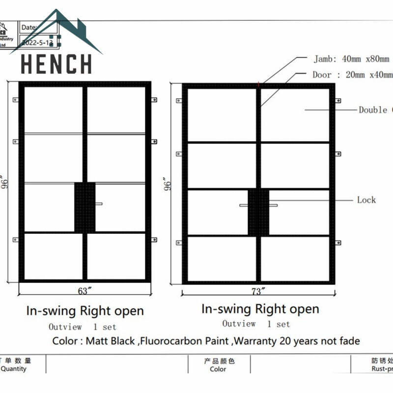 Hench jual promo 3D/CAD merancang pintu kaca baja pagar jendela Fame untuk penggunaan Kastil Interiro eksterior dibuat di Tiongkok