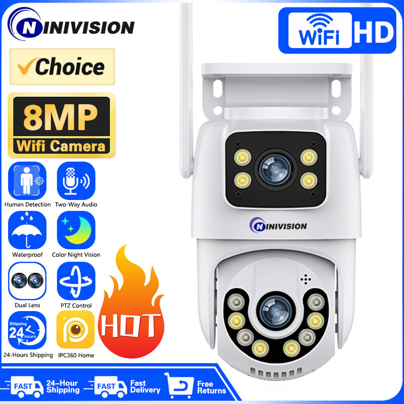 Câmera de Vigilância de Visão Noturna Externa, Detecção Humana Doméstica, PTZ WiFi, Lente Dupla, 8MP, 4K IP, IPC360