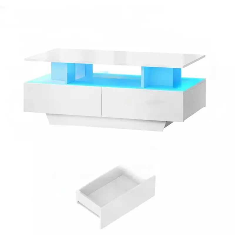 거실용 고광택 LED 커피 테이블, 오픈 디스플레이 선반 및 슬라이딩 서랍이 있는 센터 테이블, 흰색