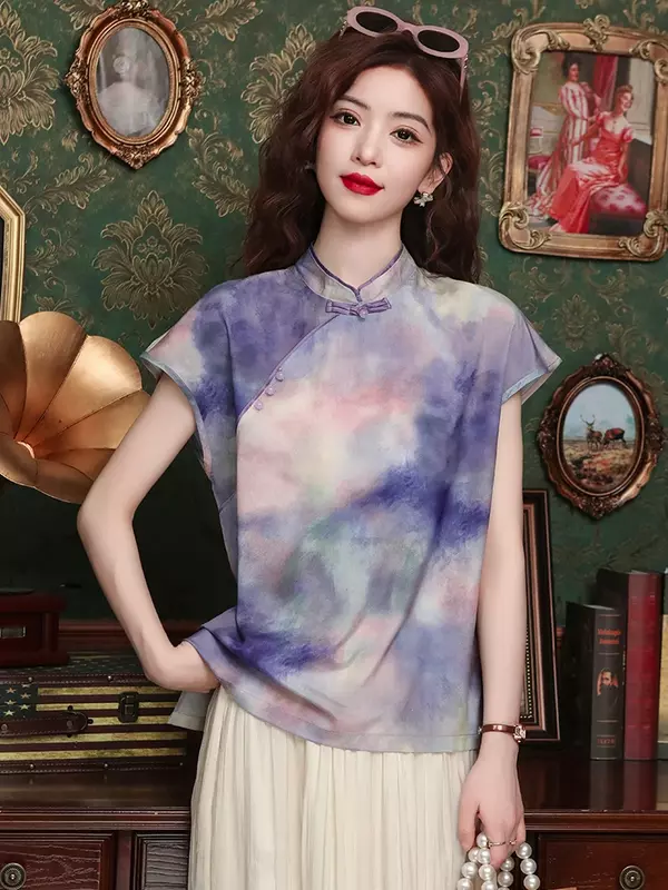 Chiffon Damen hemd Sommer chinesischen Stil druckt Blusen locker sitzen ärmellose Vintage Frauen Tops Mode Kleidung Ycmyunyan