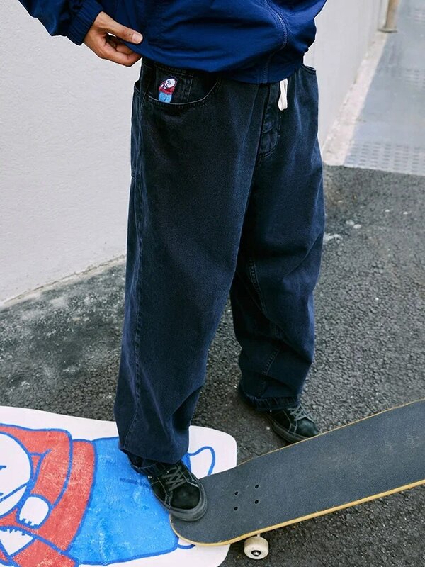 Polar skate-jeans com padrão bordado para homens, jeans soltos, perna reta, perna larga, skate, na moda