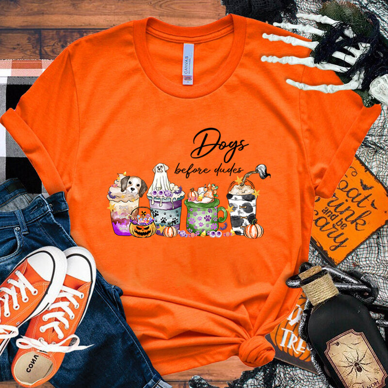 그래픽 프린트 셔츠 티셔츠, 반팔 티셔츠, 개성 있는 길거리 패션 상의, 할로윈 강아지 커피, 비포 듀즈, 여름 신상