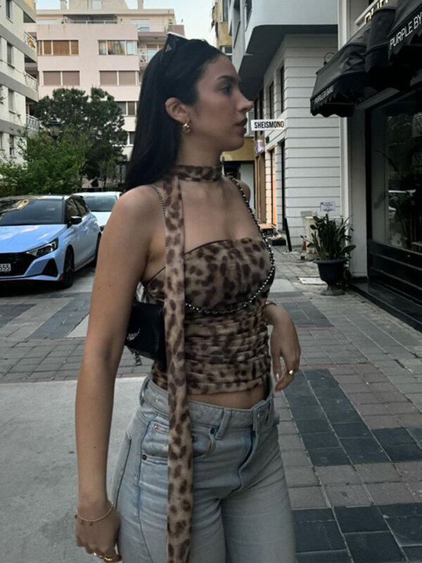 Camisola de alças estampada leopardo sem costas para mulheres, colete fino, tops sexy com bandagem, top Y2k cortado, moda de rua alta, verão