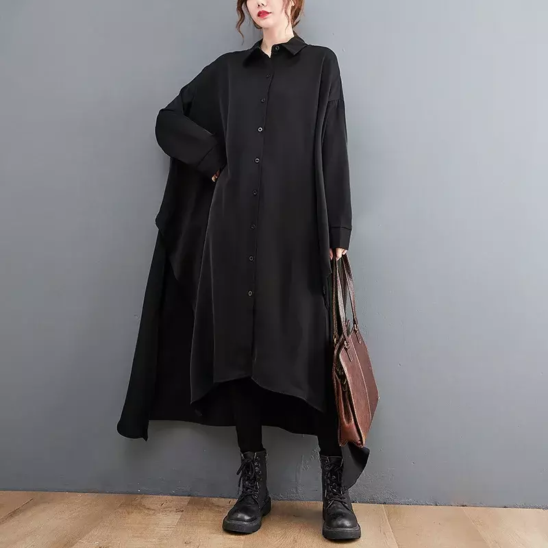 여성용 블랙 롱 원피스 폴로 넥 셔츠 드레스, 긴팔, 느슨한 비대칭 쉬폰 원피스 스플릿, 캐주얼 한국 스타일