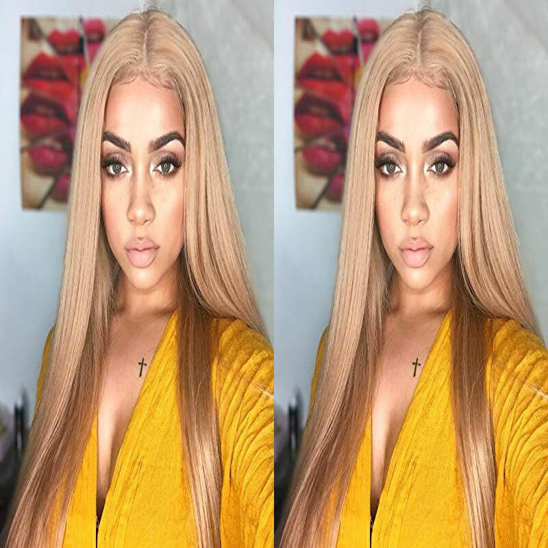 Wig renda depan 13X4 sintetis lurus kualitas tinggi Wig serat tahan panas warna emas cokelat tanpa lem untuk Wig Cosplay wanita mode