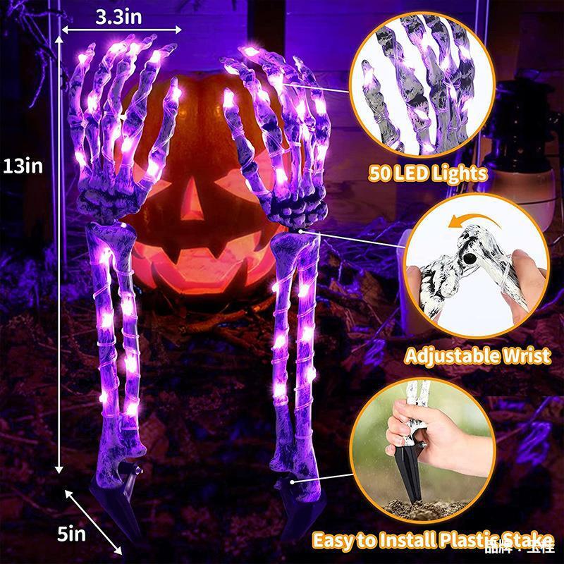 Esqueleto de Simulação LED com Mãos e Ossos para Halloween, Simulação Multicolorida, Terror, Casa, Festa, Jardim, Bar, Adereços de Decoração