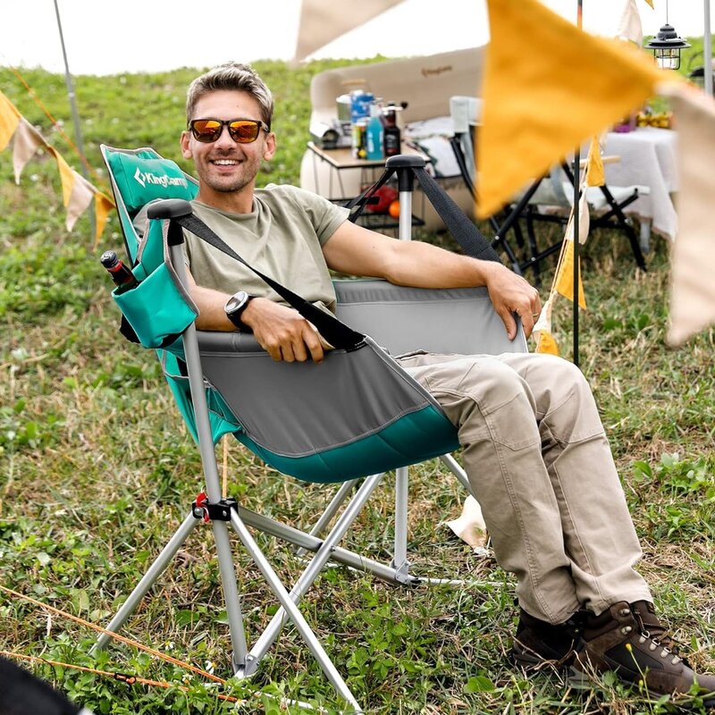 Chaise de camping pliante avec porte-gobelet d'oreiller, balançoire à dossier réglable, chaises à bascule pliantes