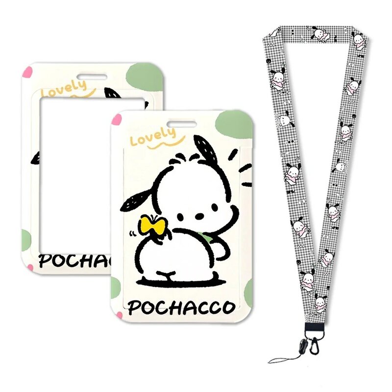 ตัวการ์ตูน Sanrio ภาพ pochacco ปลอกใส่บัตร ID สายคล้องคอน่ารักสุนัขกระเป๋าเก็บบัตรพวงกุญแจเชือกที่ใส่กุญแจ
