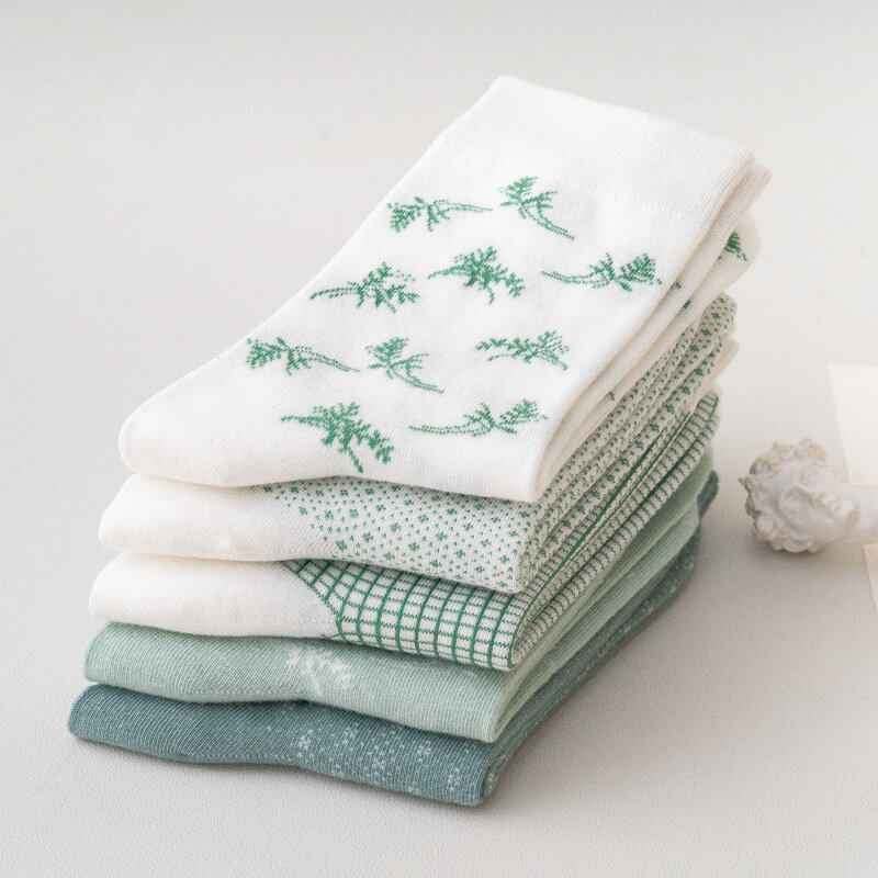 Heißer Avocado Grün Frauen Baumwolle Socken Vintage Print Gitter Matcha Farbe Atmungs Niedlich Japanischen Lässig Mädchen Kurze Socken