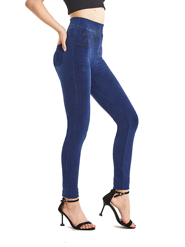 INDJXND Solid Color Seamless Tight Yoga Plus Size Jeggings High Waist Leggings False Jeans Back Pocket Women Pencil Pants