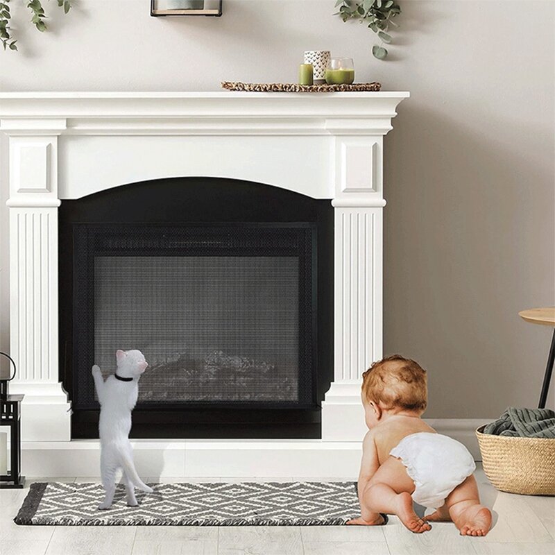 ABSF Fireplace Screen Mesh Cover PVC Fireplace Cover Pet Proof With Hooks And Loops Fireplace Safety Cover For Kids