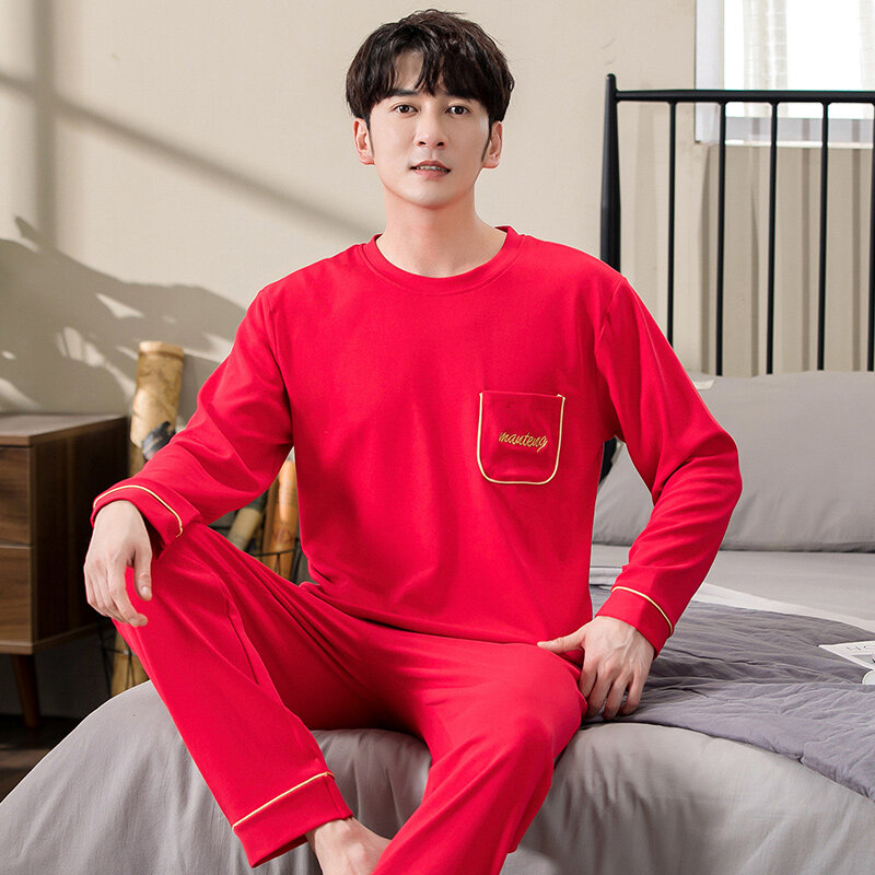 New Autumn Red Color Men Pajamas Long Sleeve Male Pajama Set Men Pure Full Cotton Pajamas For Men Sleepwear Suit Homewear 4XL