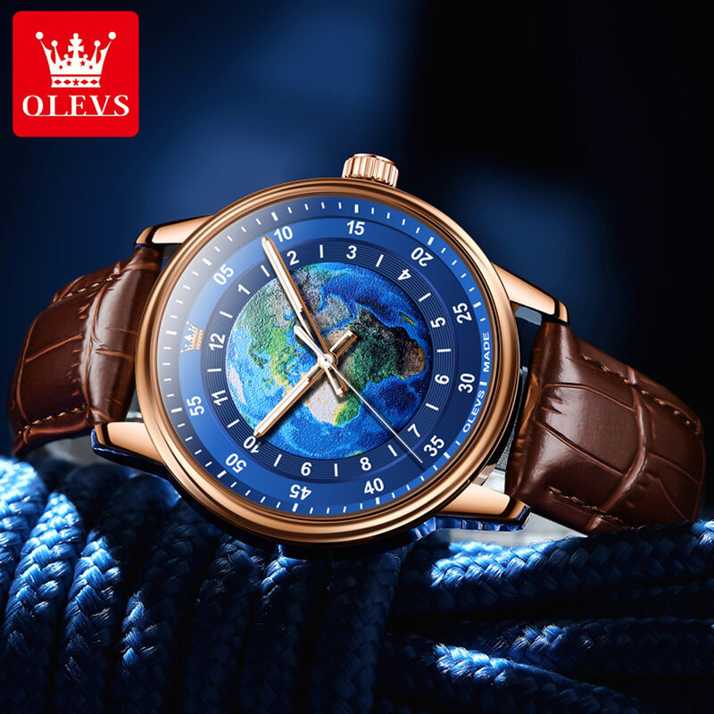 OLEVS-reloj de cuarzo para hombre, cronógrafo de cuero, luminoso, resistente al agua, de marca superior, de lujo, color oro rosa y azul, nuevo