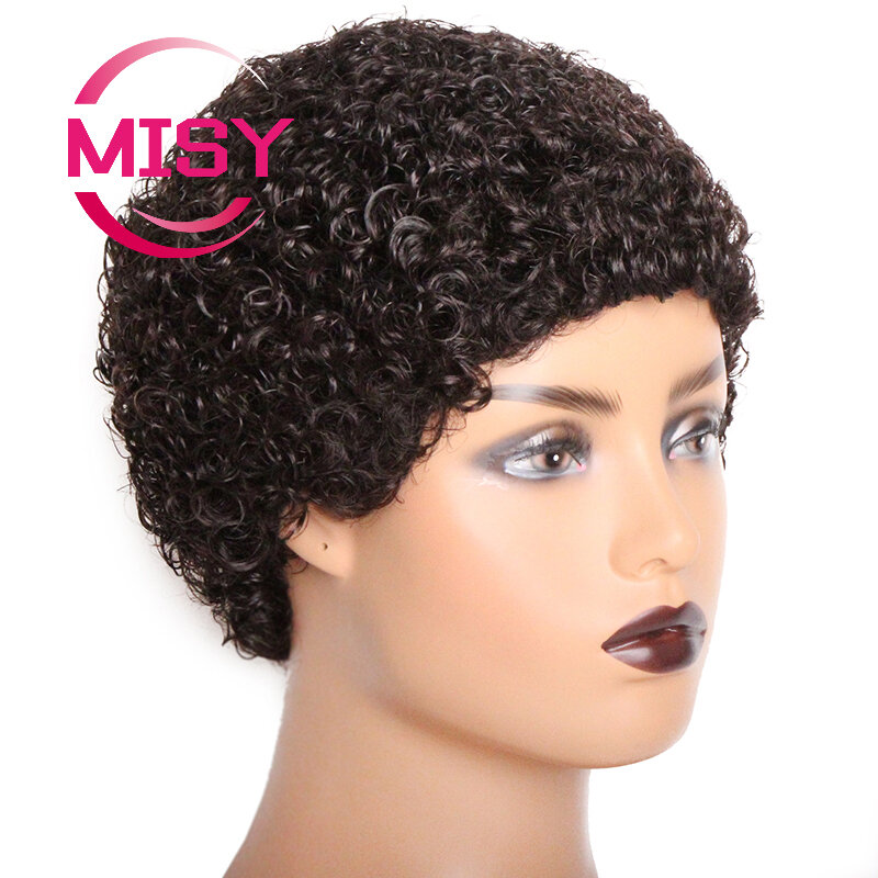 Curto Jerry Curly peruca afro para mulheres, corte pixie, peruca máquina completa, preto natural, cabelo humano de 100%, afro-americano
