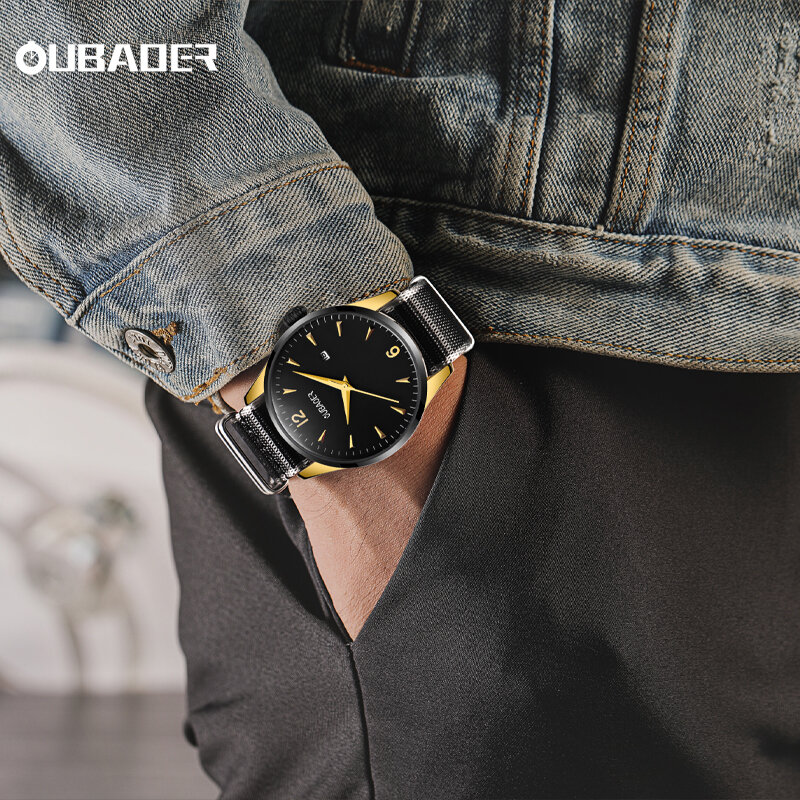 Oubaoer jam tangan kuarsa mewah pria, arloji seri nilon mewah kelas atas bisnis tahan air tali nilon