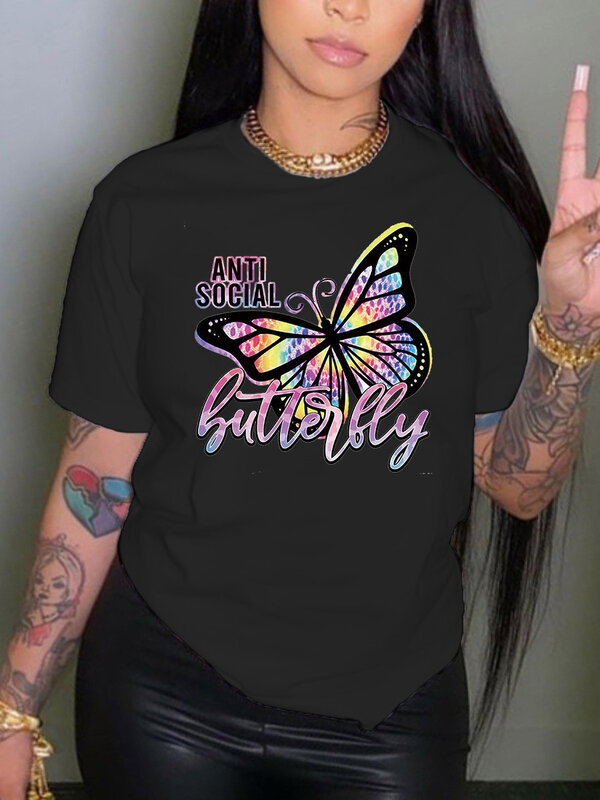 LW Plus Size Tops Rhinestone Butterfly Letter Print T-shirt L-5XL Regular Short Sleeve Positioning Printing O Neck Tee For Women