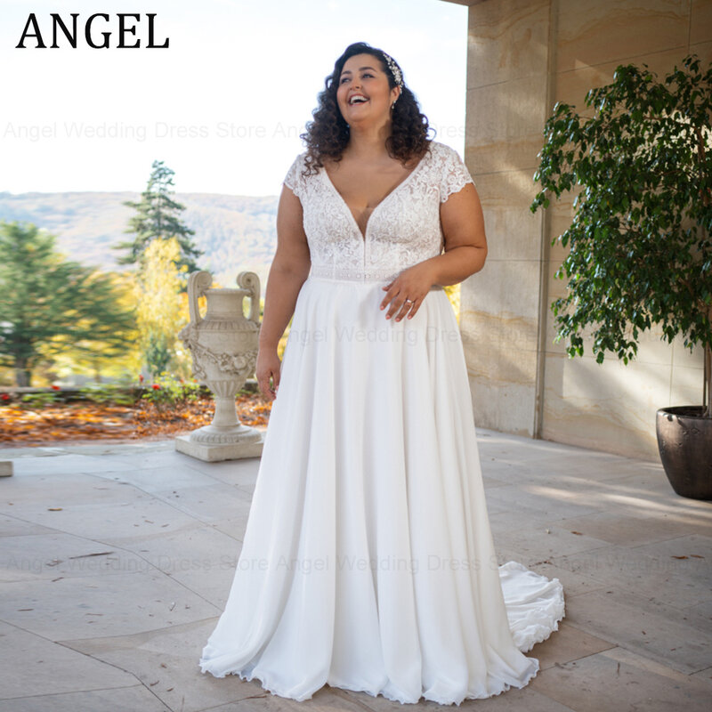 ANGEL Chiffon A-Line Wedding Dress Plus Size Double V-Neck Lace Robe De Mariée Bride Gowns Short Sleeves Custom Made