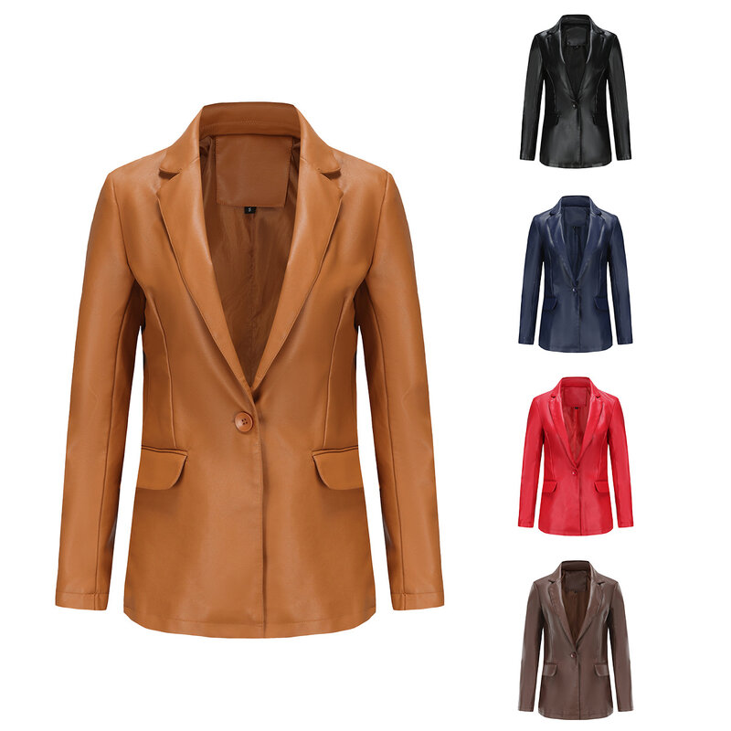 Blazer lengan panjang wanita Eropa dan Amerika Serikat baru jaket komuter satu kancing kasual warna murni jaket kulit PU